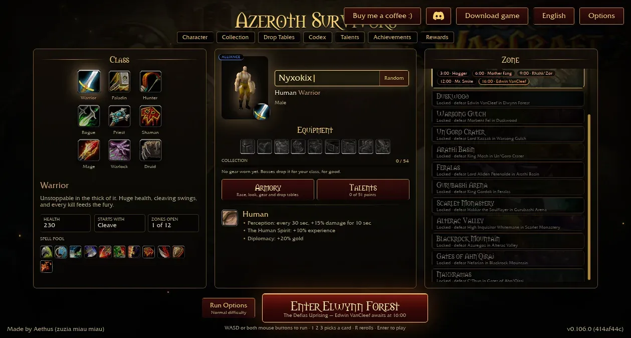 Azeroth Survivors character select screen v0.106.0: class grid, Human Warrior with 230 health, Elwynn Forest zone card and boss timers