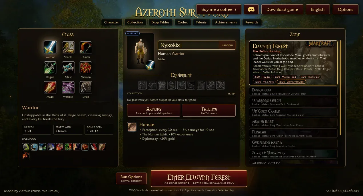 Azeroth Survivors Warrior on the character select screen: 230 health, starts with Cleave
