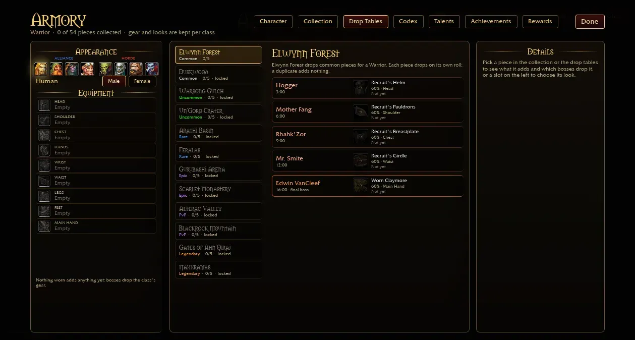 Azeroth Survivors Drop Tables: Elwynn Forest bosses each drop a common Warrior piece at 60%