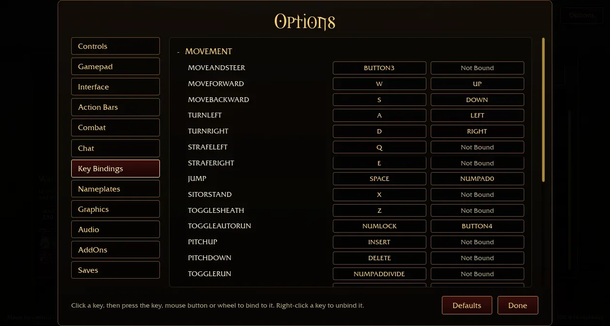 Azeroth Survivors key bindings: W A S D movement, Q and E strafe, Space jump