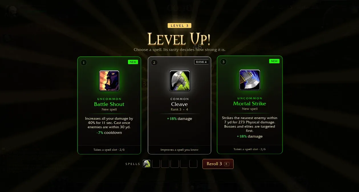 Azeroth Survivors Level 3 cards: uncommon Battle Shout, common Cleave rank 4 and uncommon Mortal Strike