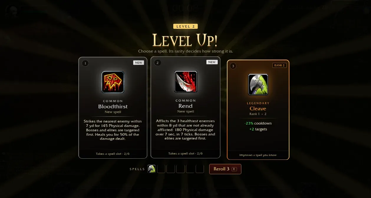 Azeroth Survivors Level 2 cards: common Bloodthirst, common Rend and a legendary Cleave rank 2 upgrade