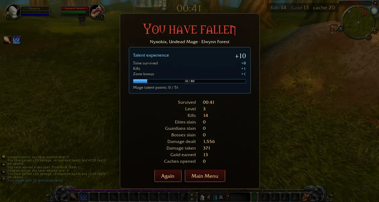 Azeroth Survivors You have fallen screen: Undead Mage survived 00:41, level 3, 14 kills, +10 talent experience