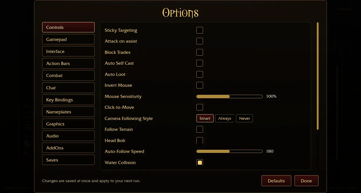 Azeroth Survivors Options, Controls tab with camera following style and mouse settings