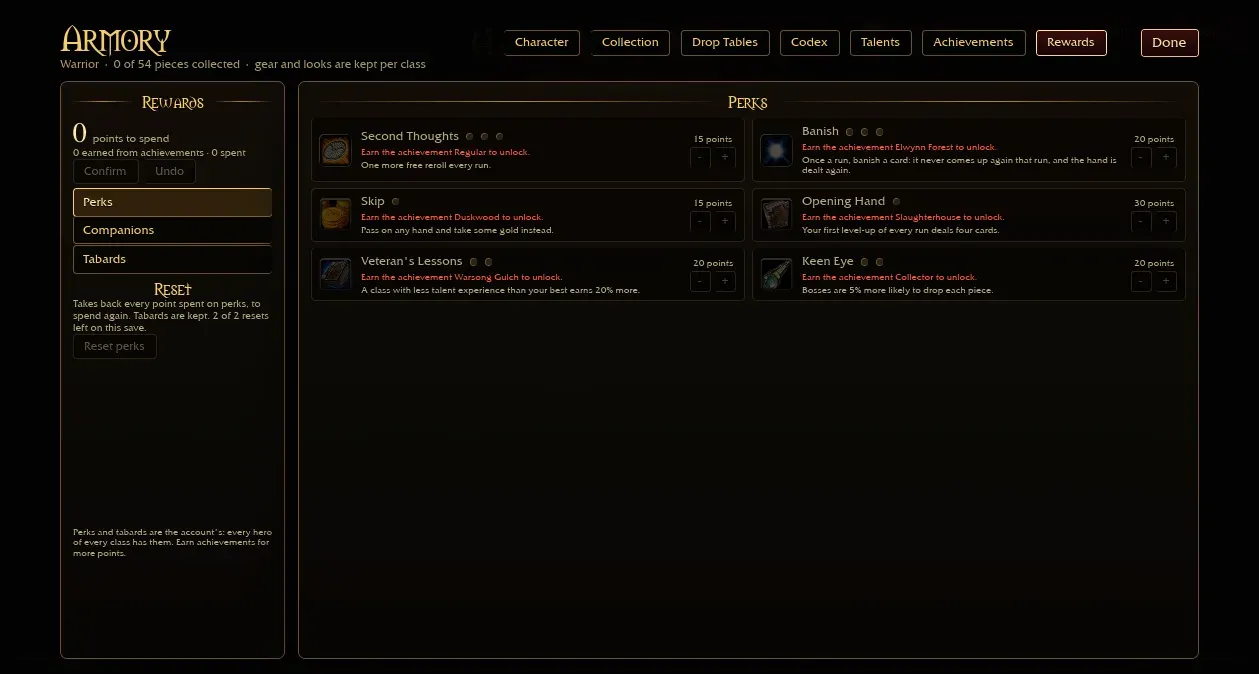 Azeroth Survivors Rewards tab with perks Second Thoughts, Banish, Skip, Opening Hand, Veteran’s Lessons and Keen Eye