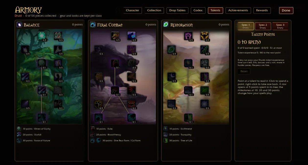 Azeroth Survivors Druid talent trees in the Armory with milestones at 10, 20 and 30 points