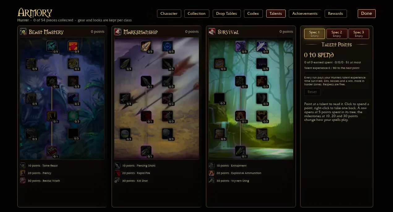 Azeroth Survivors Hunter talent trees in the Armory with milestones at 10, 20 and 30 points