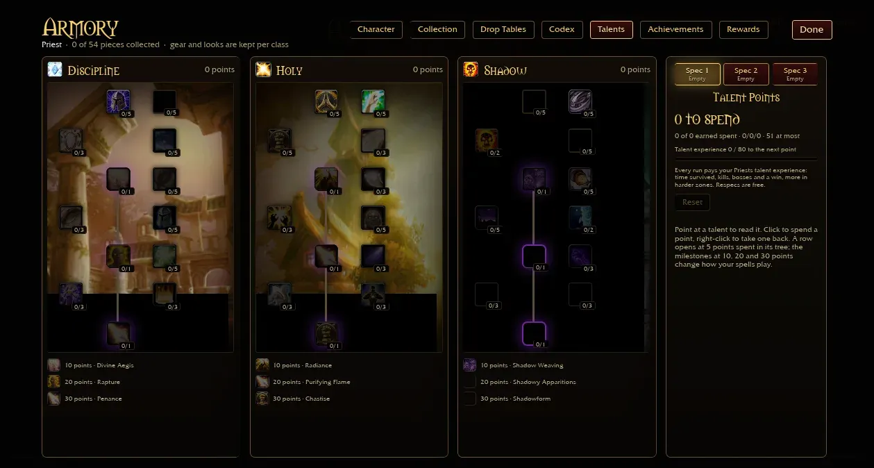 Azeroth Survivors Priest talent trees in the Armory with milestones at 10, 20 and 30 points