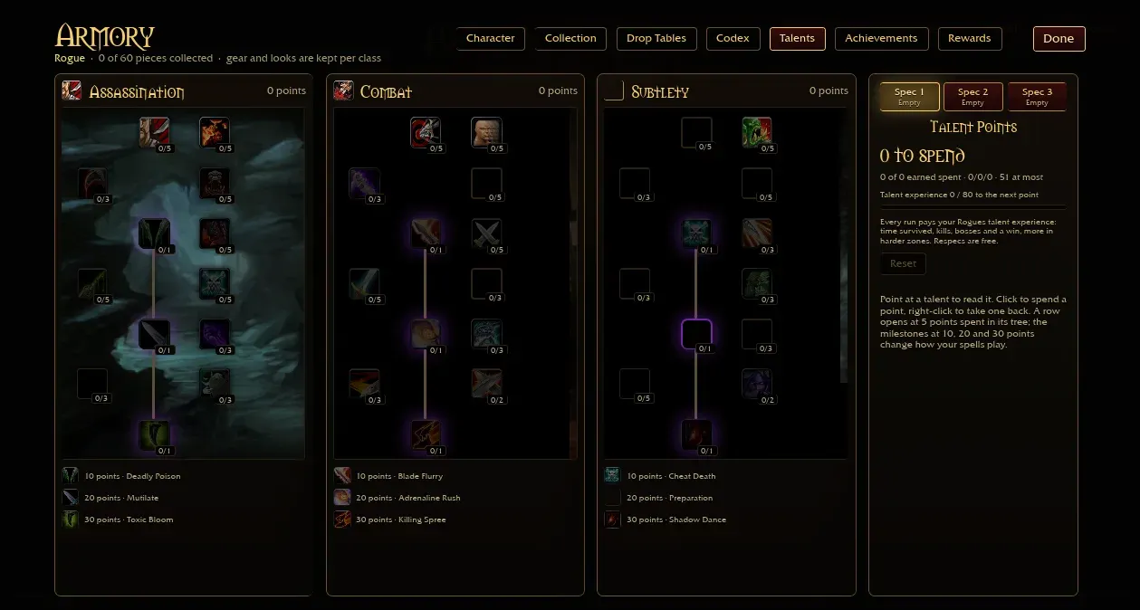 Azeroth Survivors Rogue talent trees in the Armory with milestones at 10, 20 and 30 points