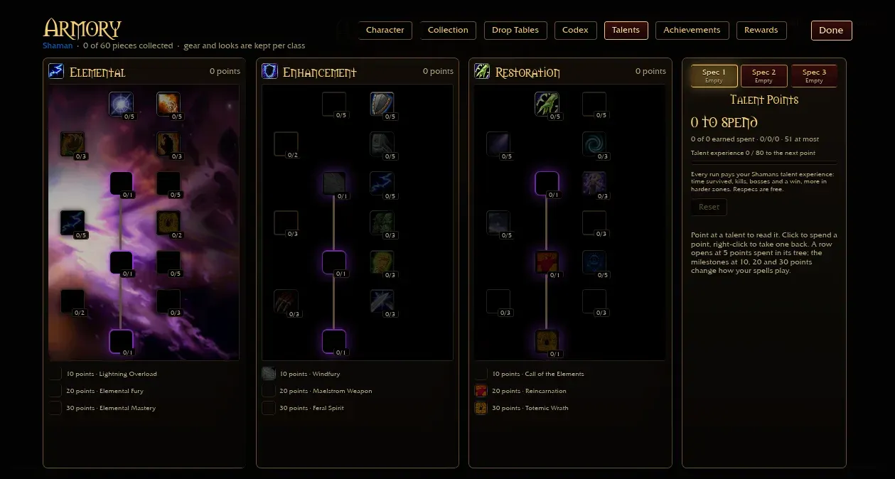 Azeroth Survivors Shaman talent trees in the Armory with milestones at 10, 20 and 30 points