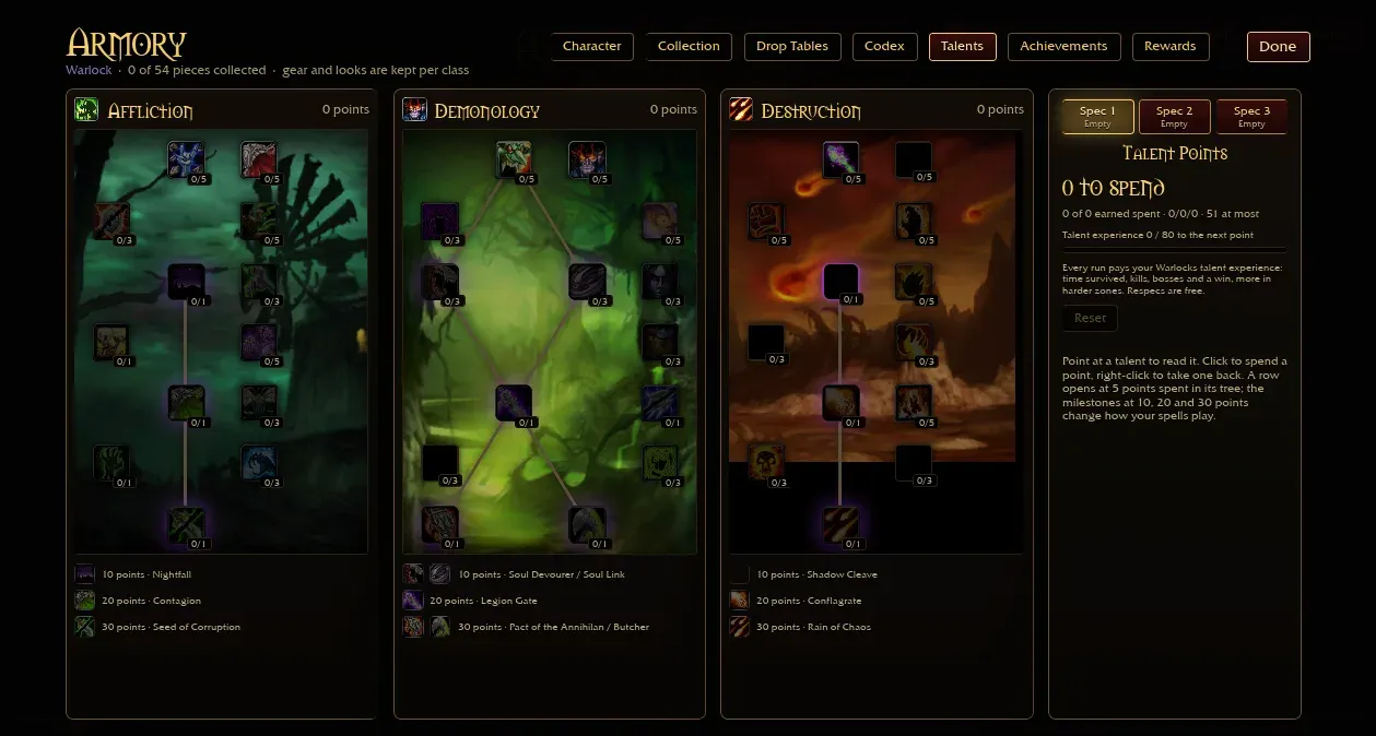 Azeroth Survivors Warlock talent trees in the Armory with milestones at 10, 20 and 30 points