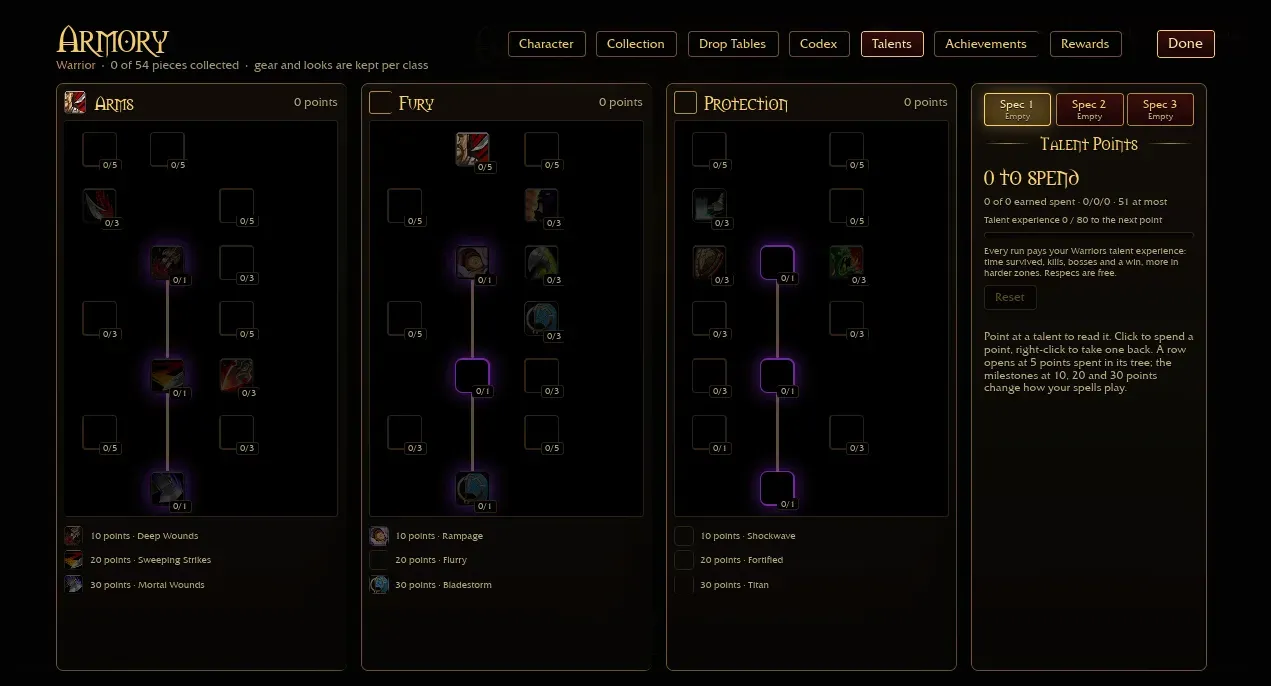 Azeroth Survivors Warrior talent trees in the Armory with milestones at 10, 20 and 30 points
