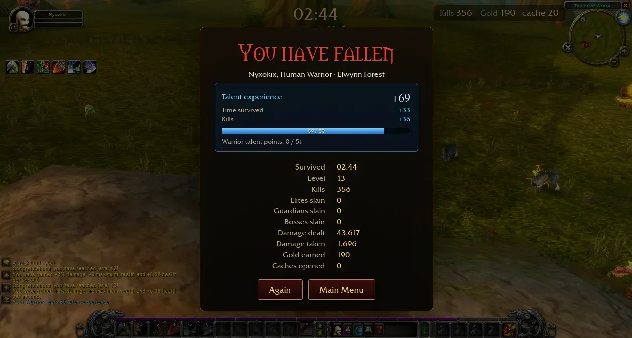 Azeroth Survivors You have fallen screen: Human Warrior survived 02:44, level 13, 356 kills, +69 talent experience