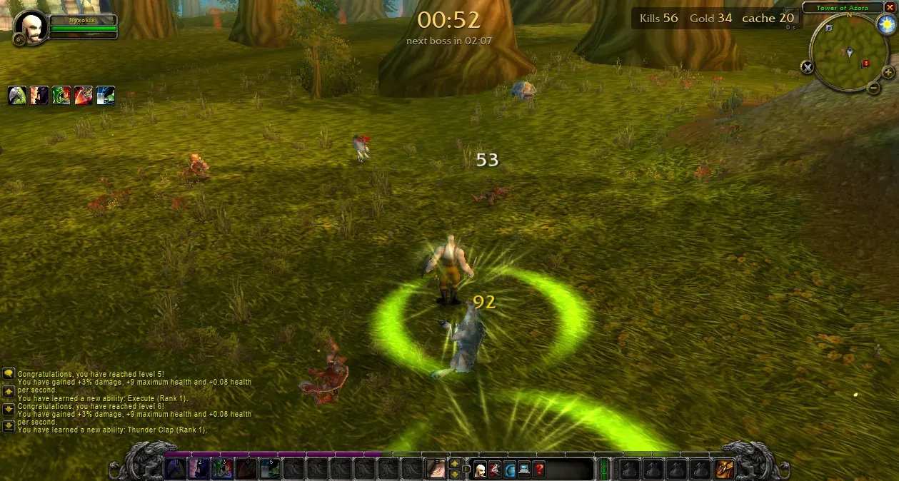 Azeroth Survivors Warrior at level 6 cleaving wolves in Elwynn Forest at 00:52 with 56 kills