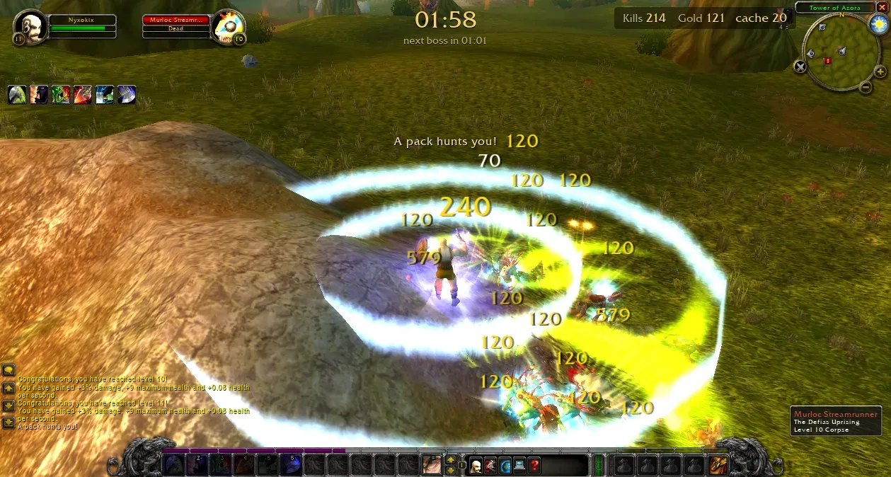 Human Warrior spinning Whirlwind through a pack of enemies in Elwynn Forest, Azeroth Survivors